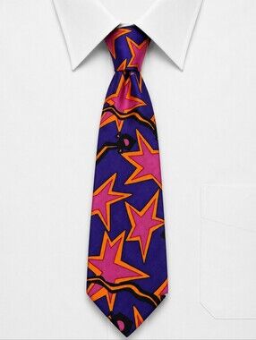 Vtg INDEX 1990s Vibrant Purple Neon Star Pattern Silk Tie